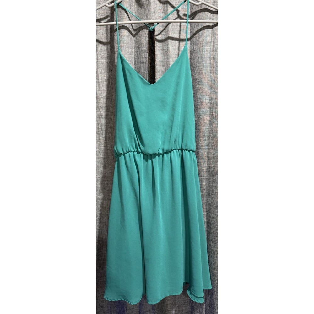 Blue Rain Women's L Solid Teal Lined Dress Beaded Copper Back Strap Sleeveless